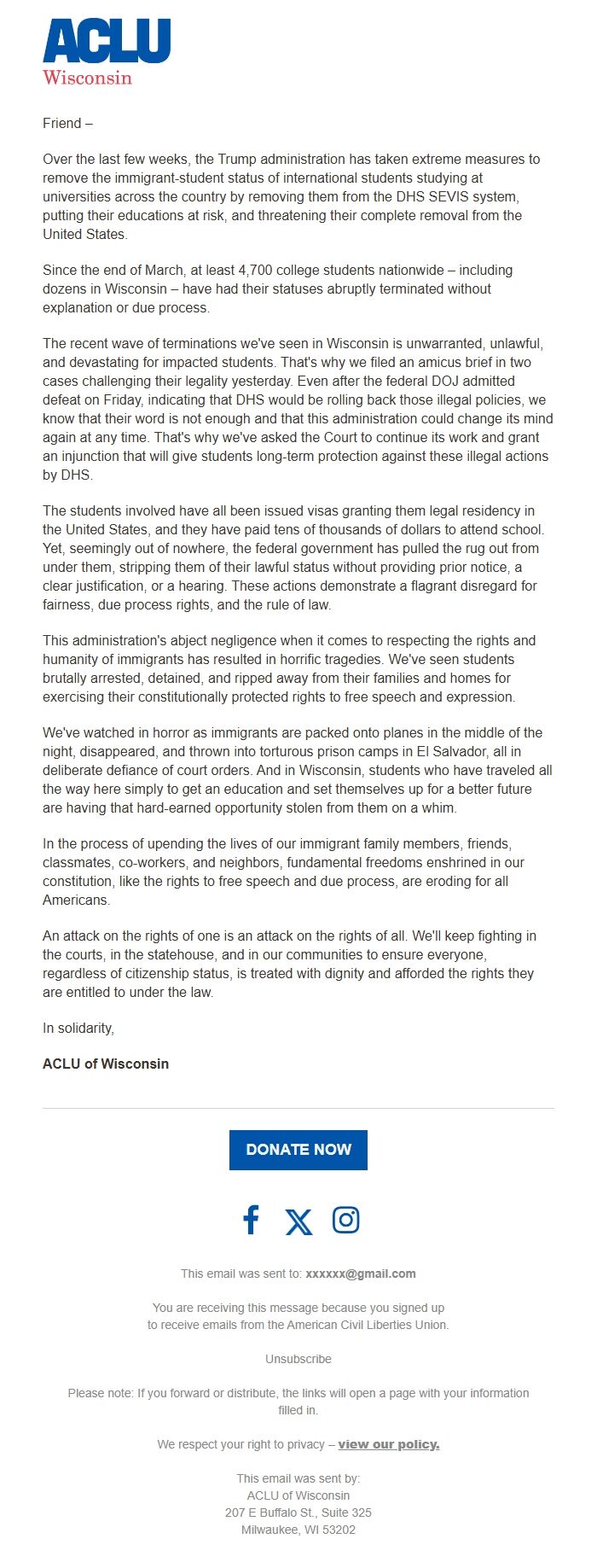 Screenshot of the email generated on import