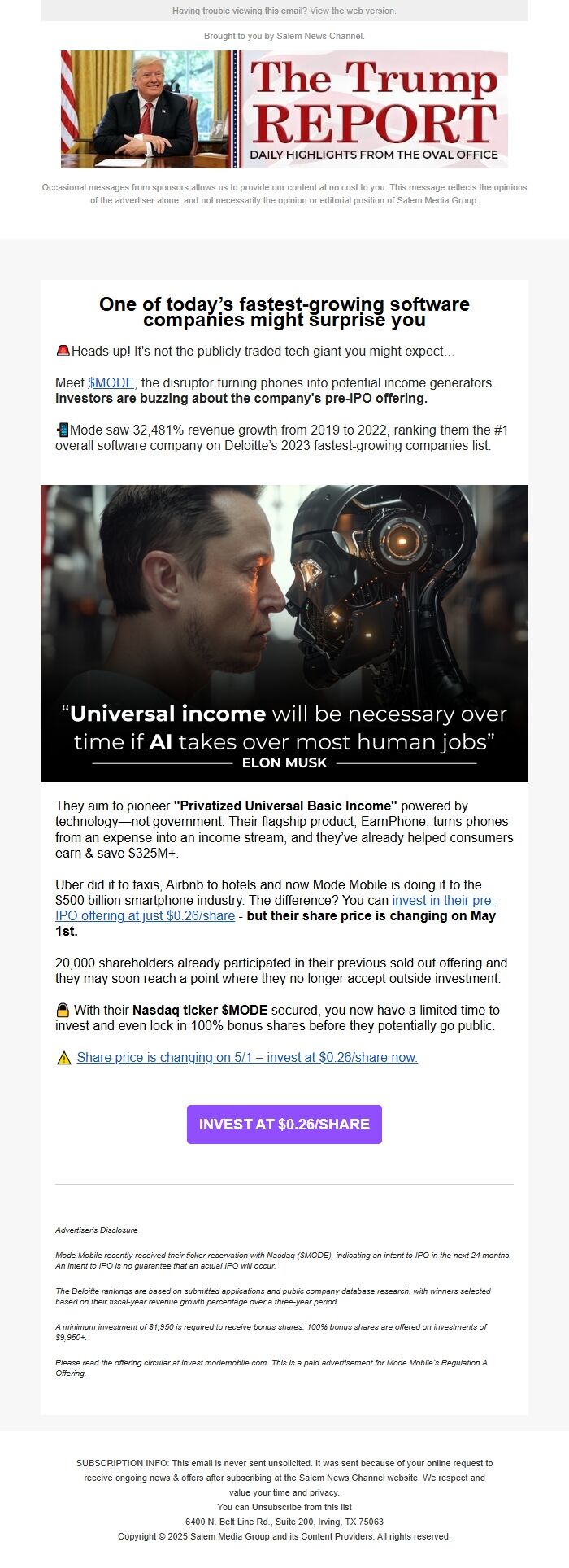 Screenshot of the email generated on import