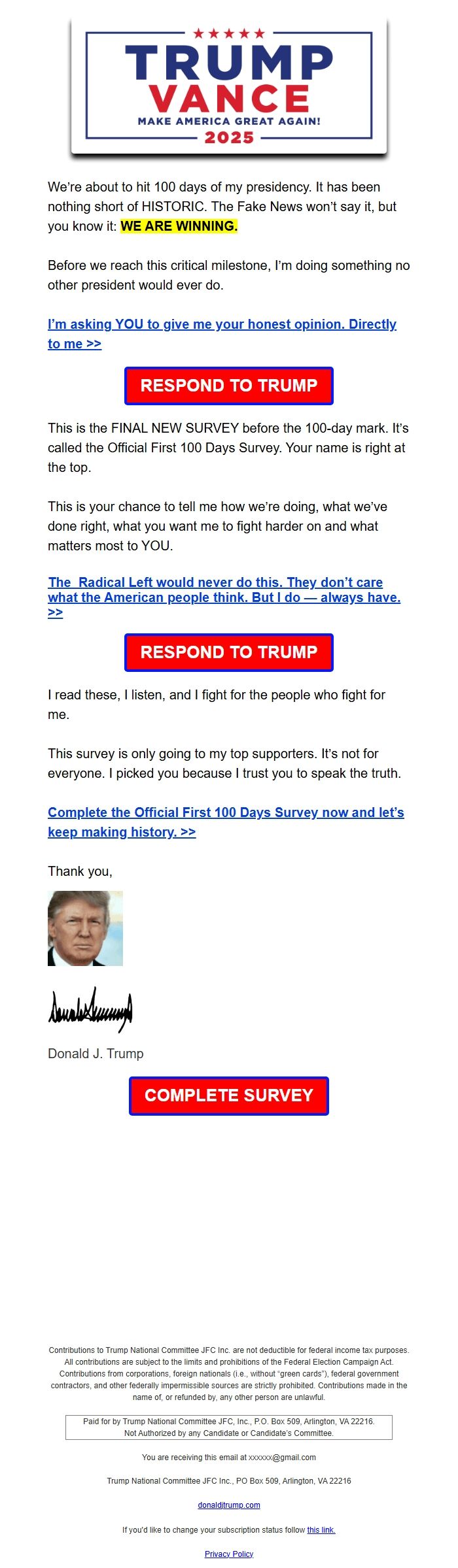 Screenshot of the email generated on import