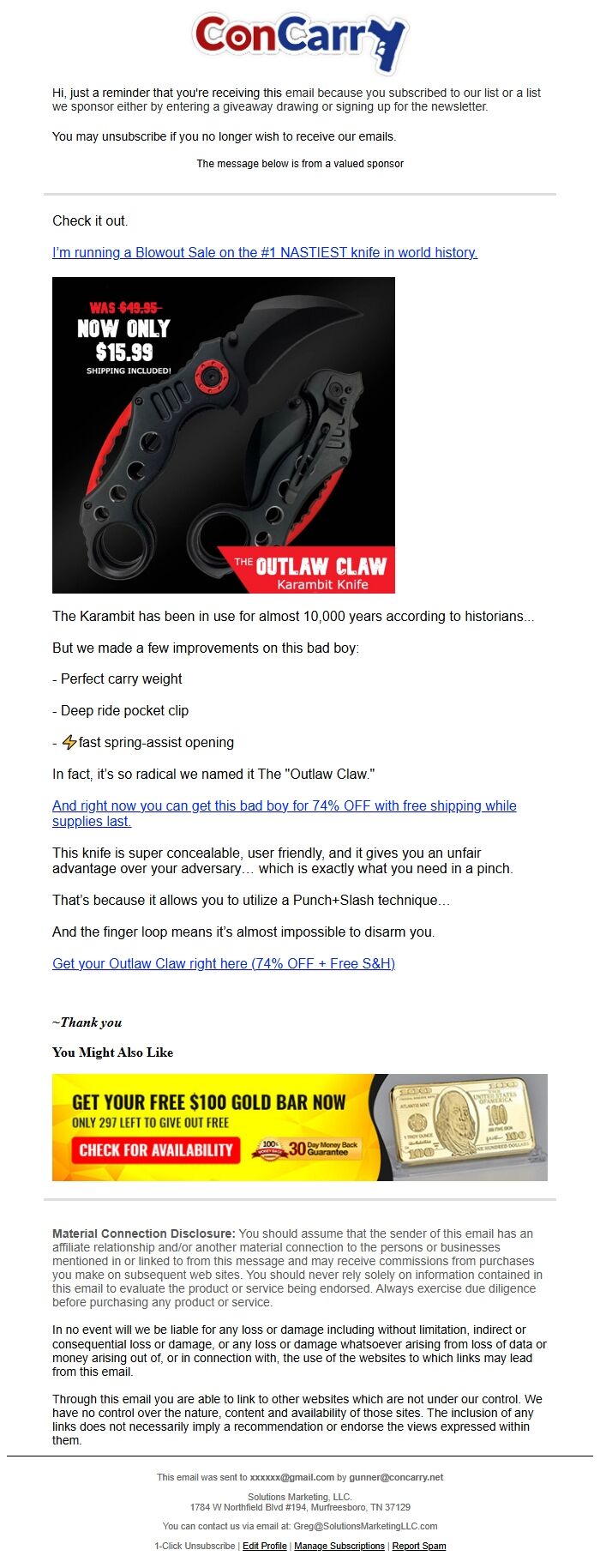 Screenshot of the email generated on import