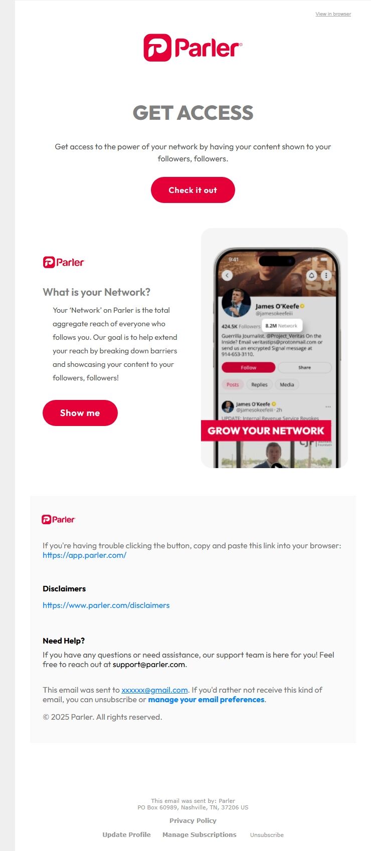 Screenshot of the email generated on import