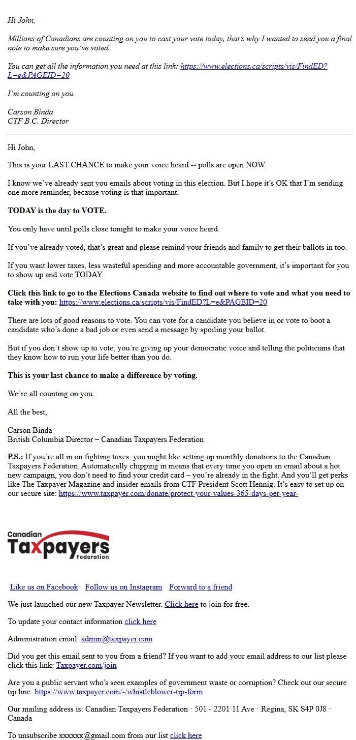 Screenshot of the email generated on import