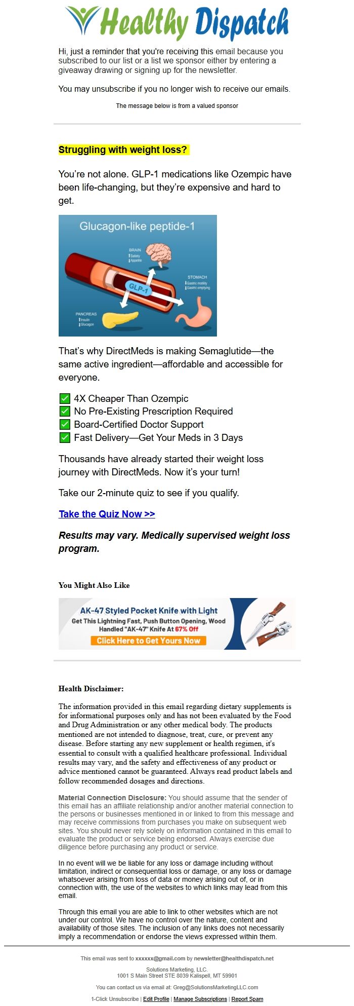 Screenshot of the email generated on import