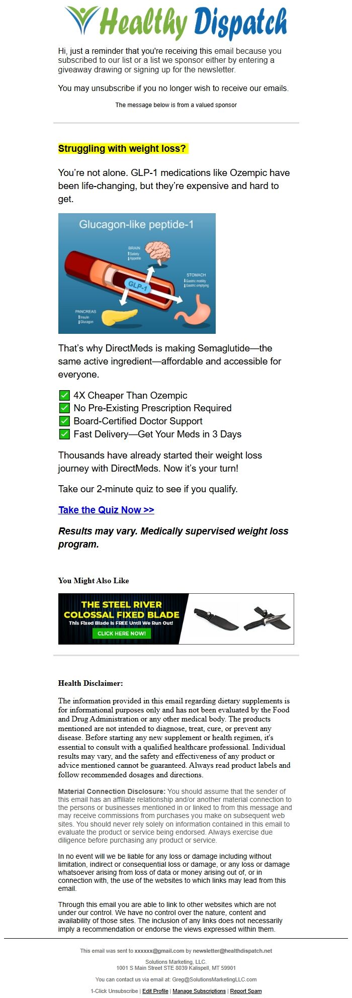Screenshot of the email generated on import
