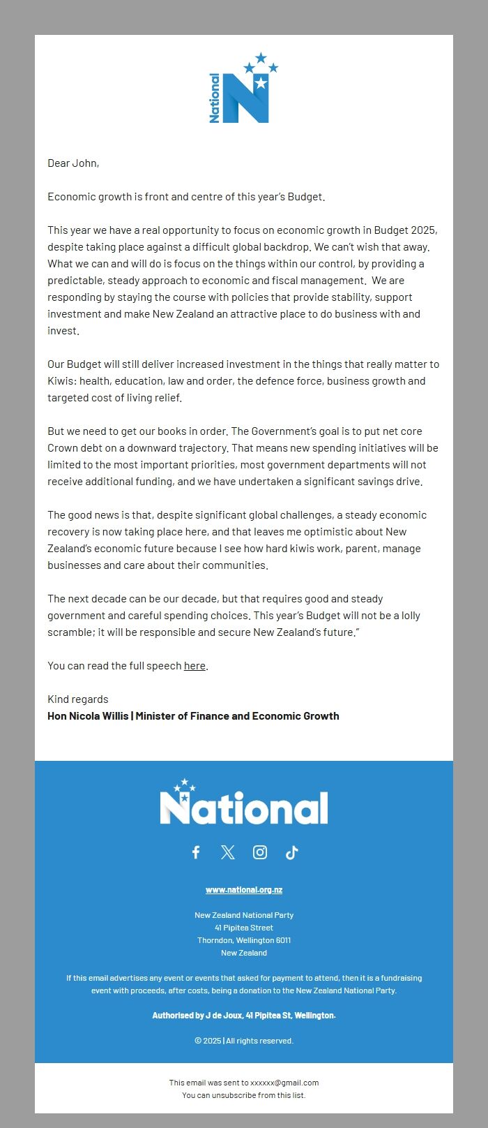 Screenshot of the email generated on import