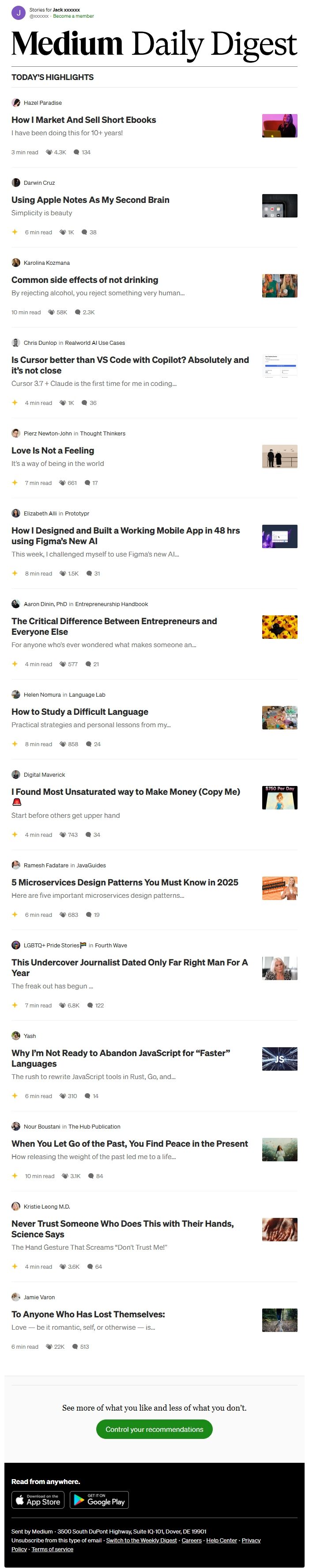 Screenshot of the email generated on import