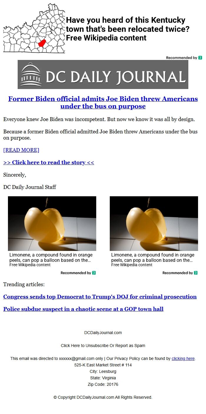 Screenshot of the email generated on import