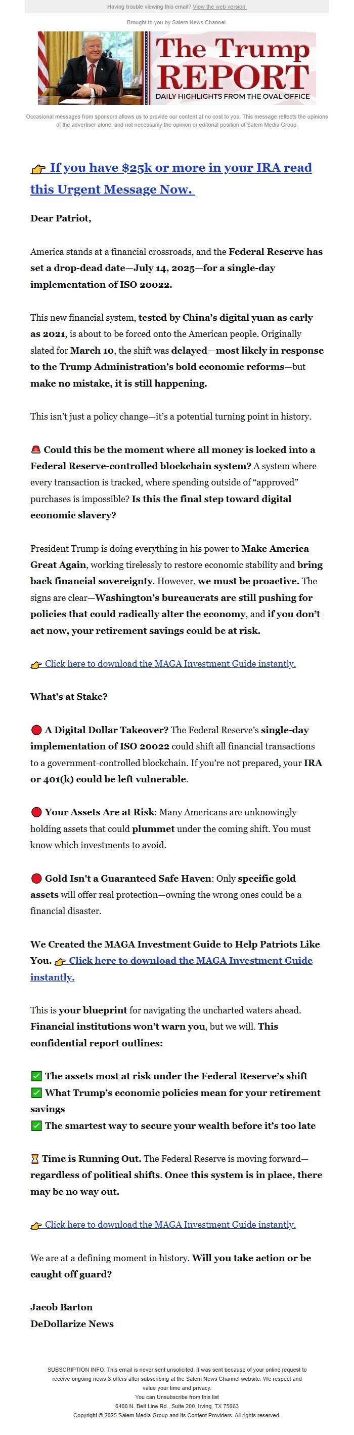 Screenshot of the email generated on import