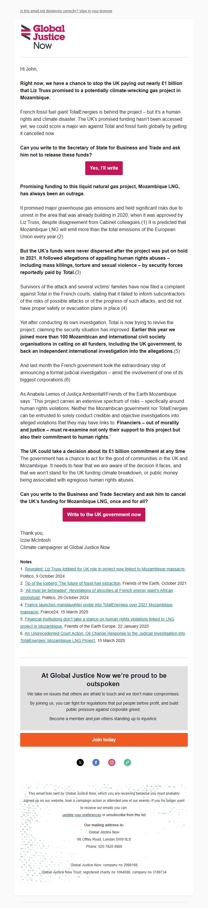 Screenshot of the email generated on import