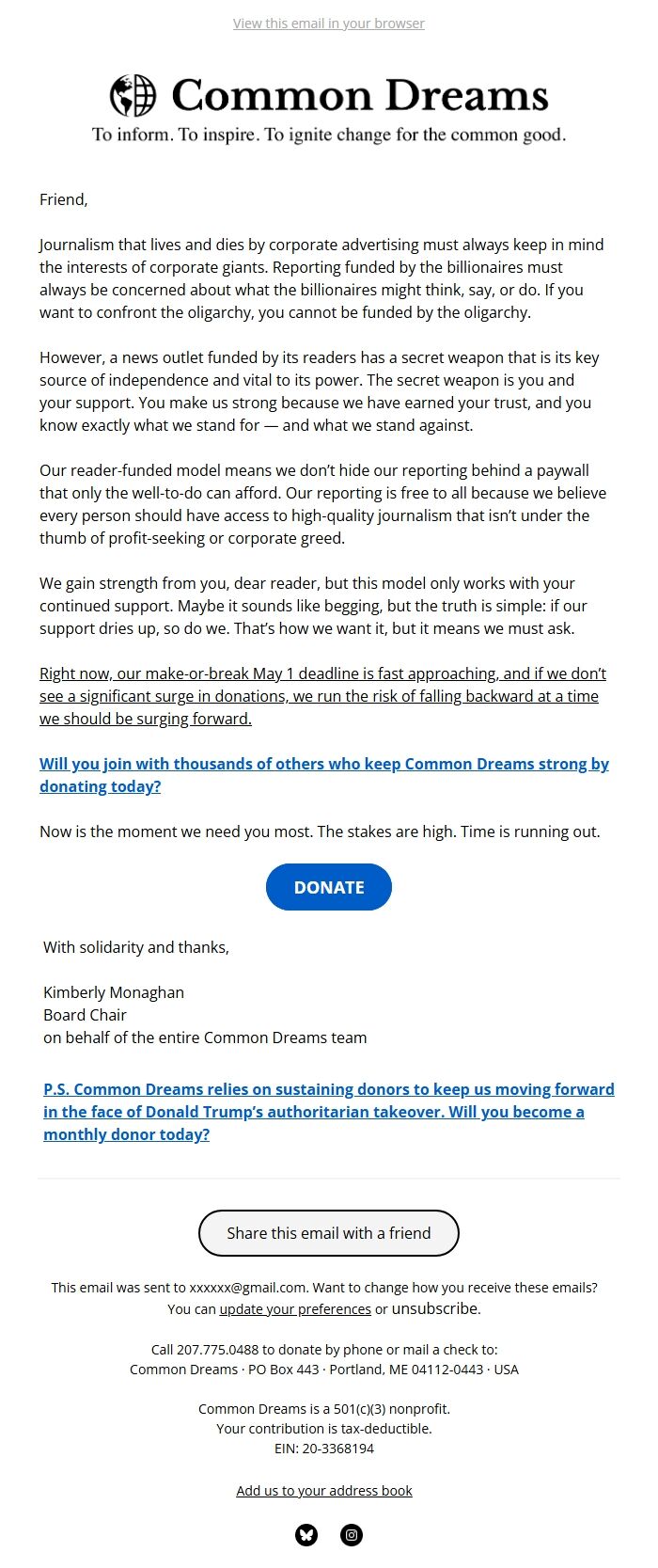 Screenshot of the email generated on import