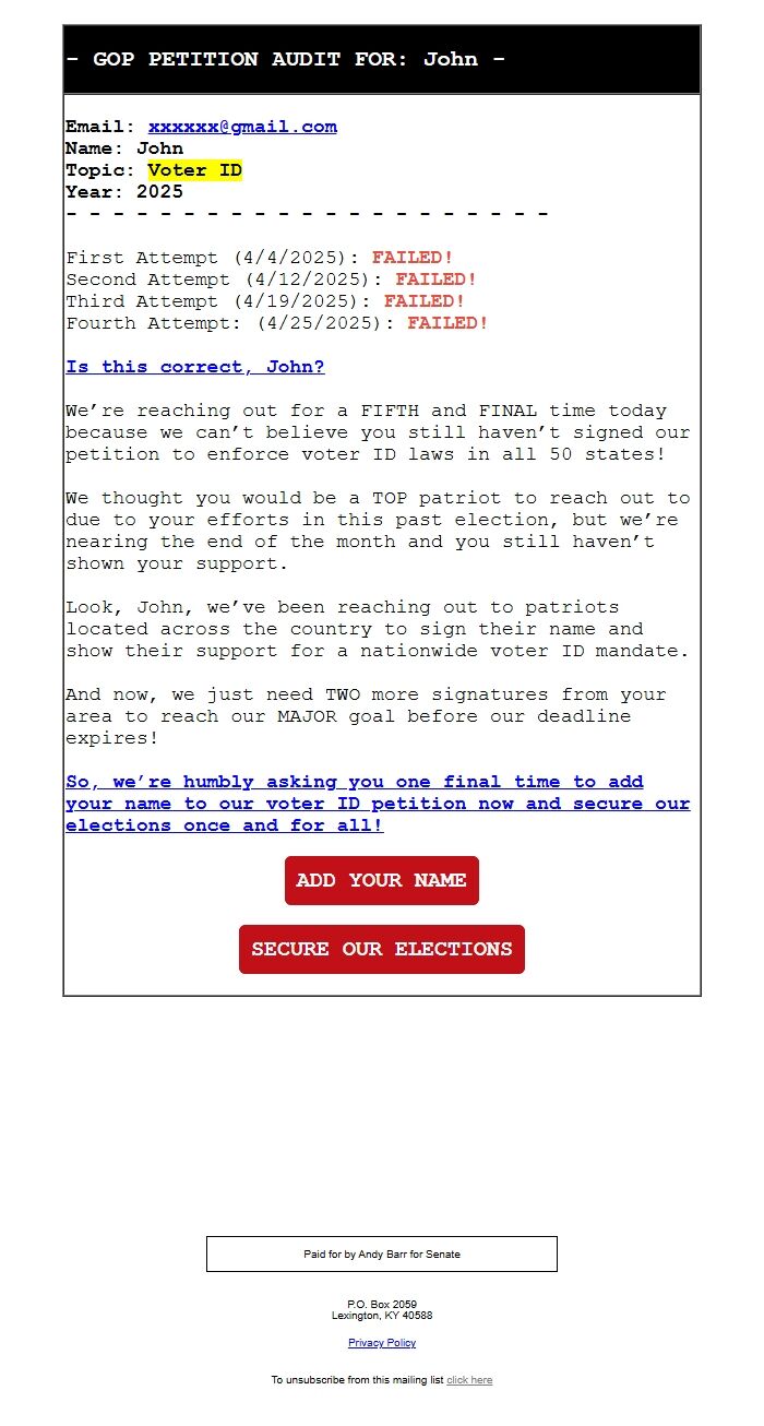 Screenshot of the email generated on import