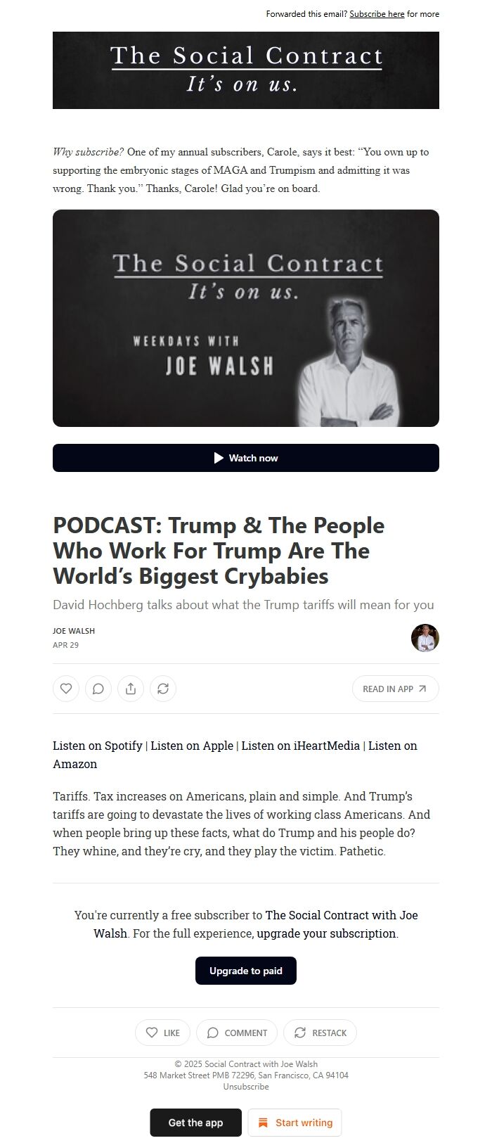 Screenshot of the email generated on import