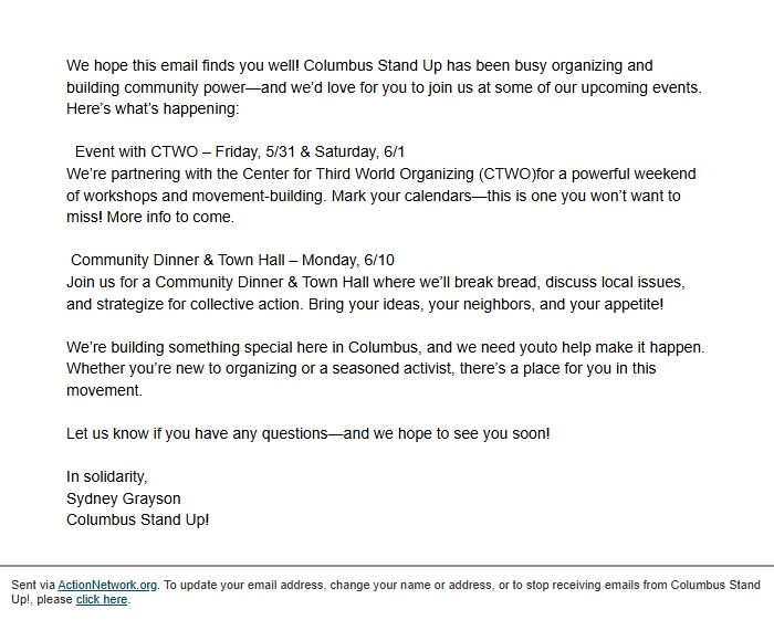 Screenshot of the email generated on import