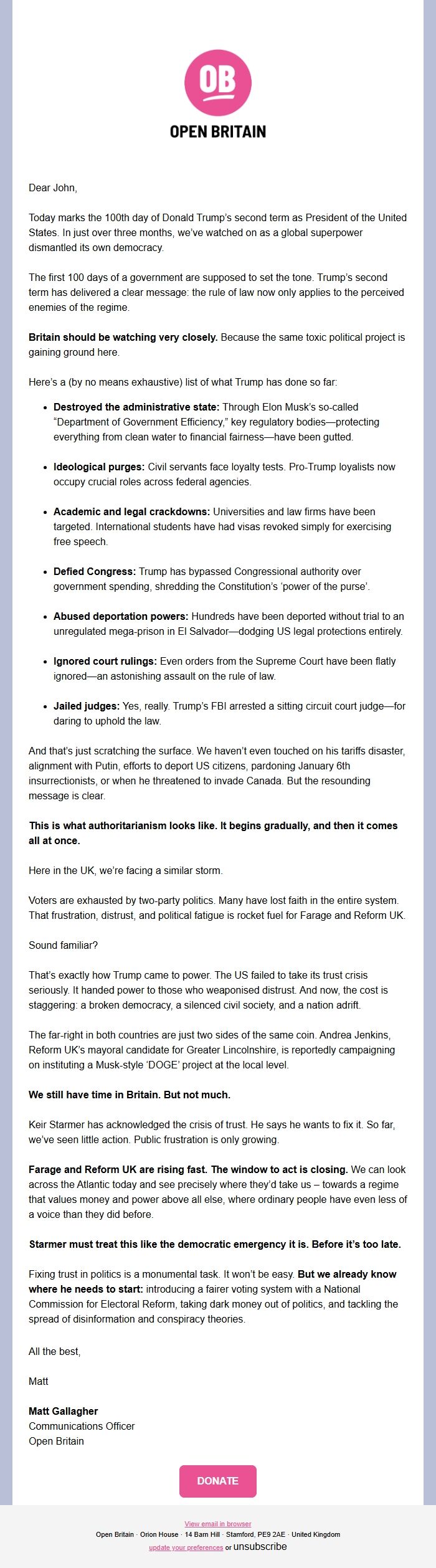 Screenshot of the email generated on import