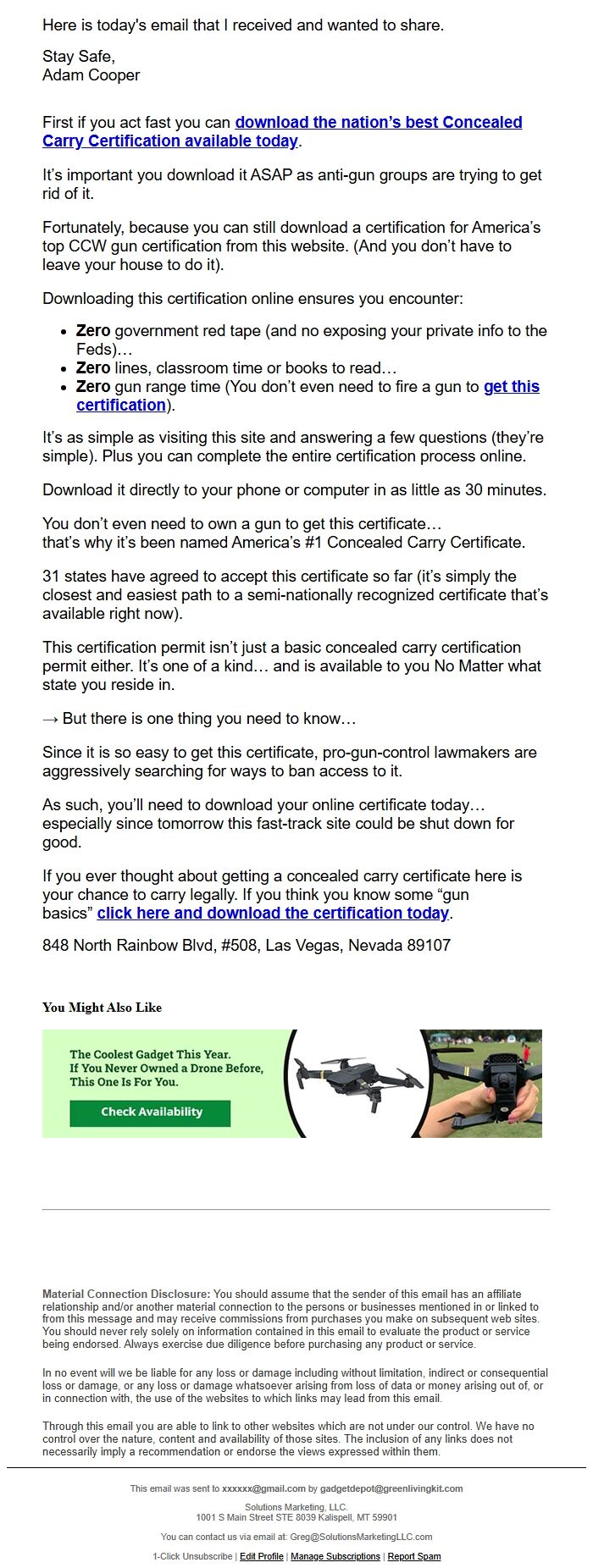 Screenshot of the email generated on import