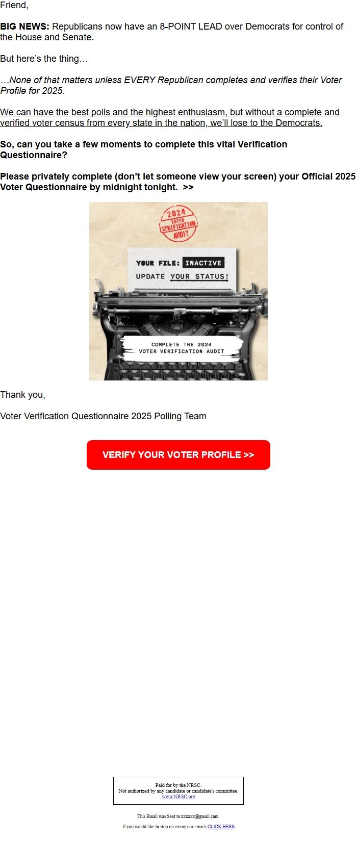 Screenshot of the email generated on import