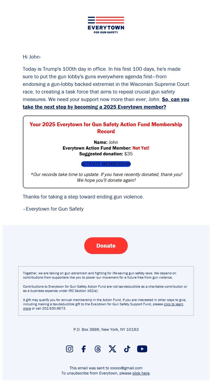 Screenshot of the email generated on import