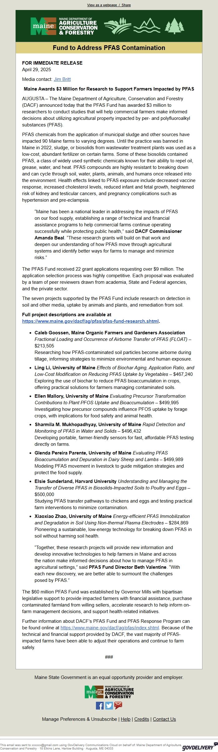 Screenshot of the email generated on import