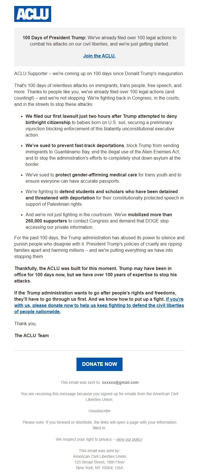 Screenshot of the email generated on import