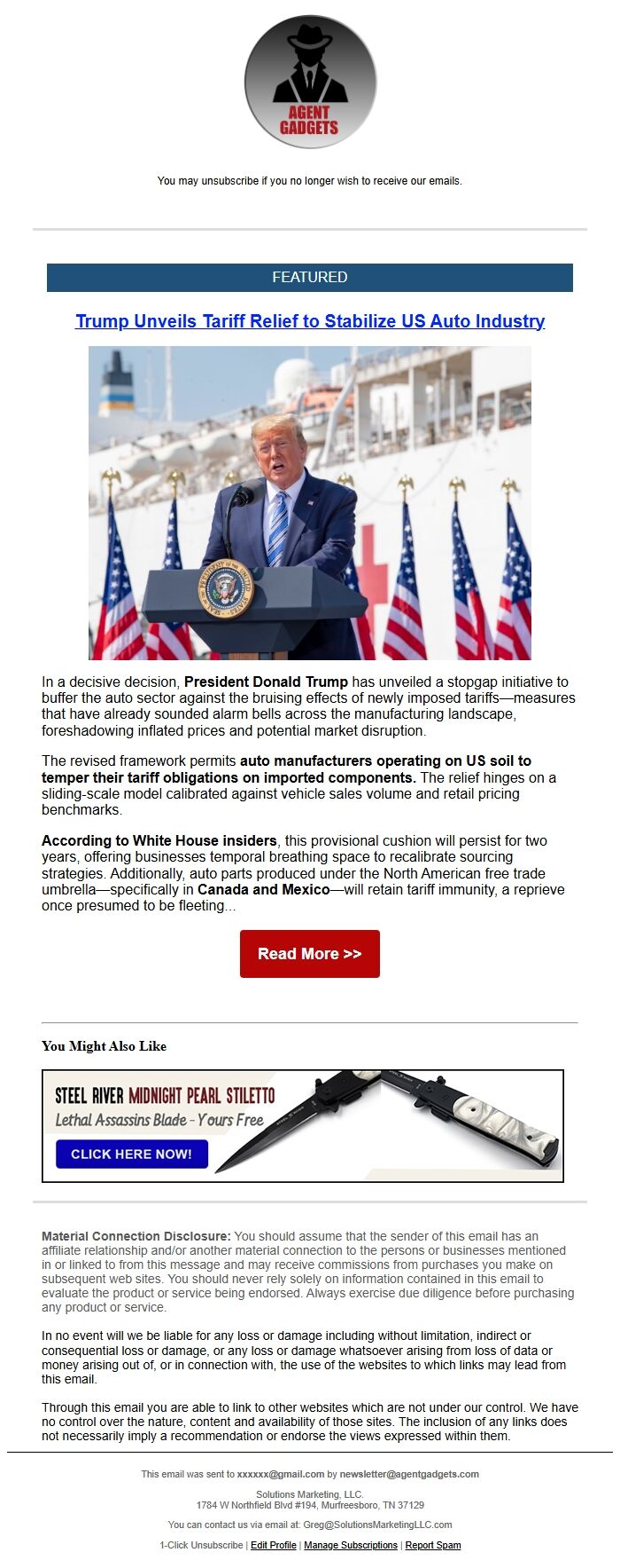 Screenshot of the email generated on import