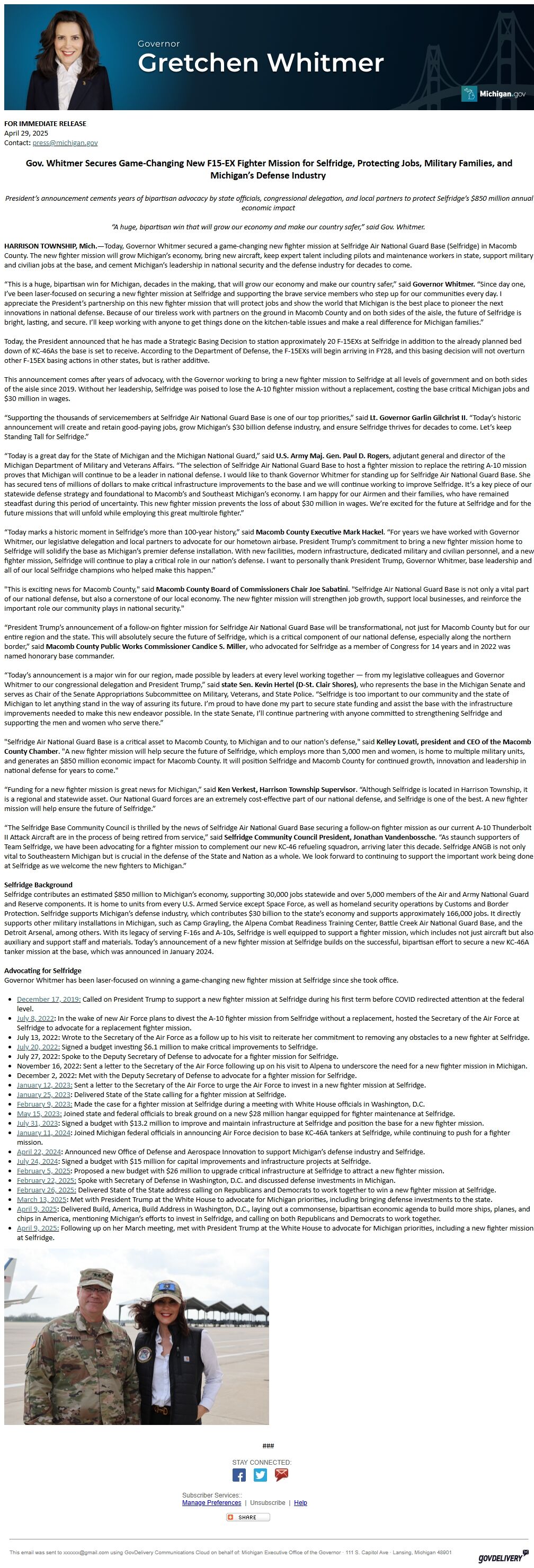 Screenshot of the email generated on import