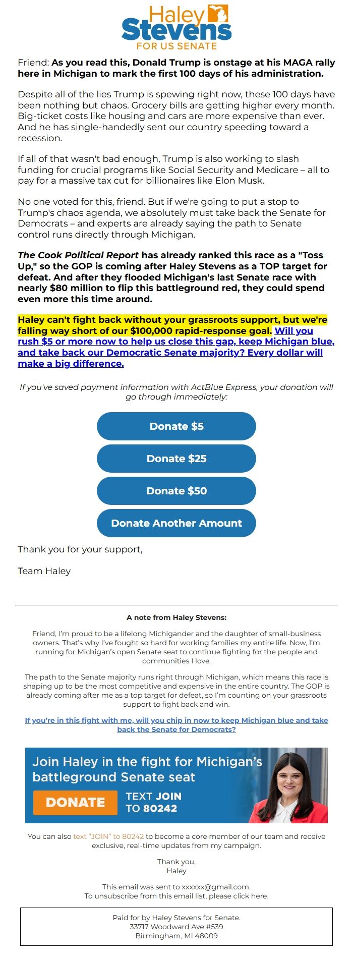 Screenshot of the email generated on import