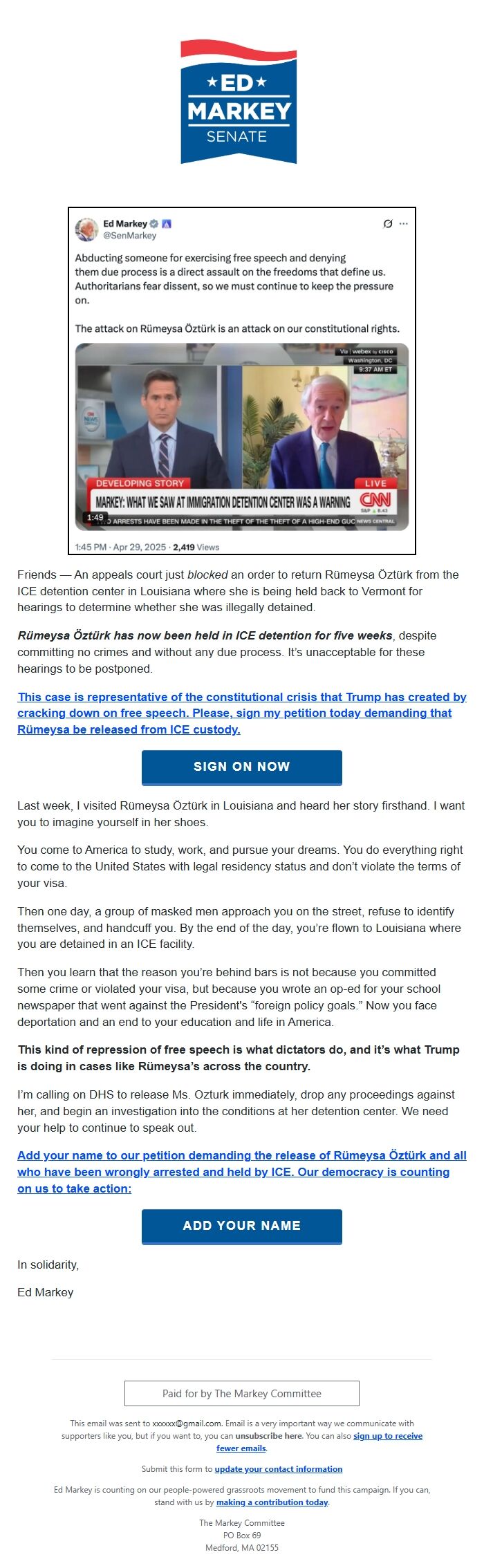 Screenshot of the email generated on import