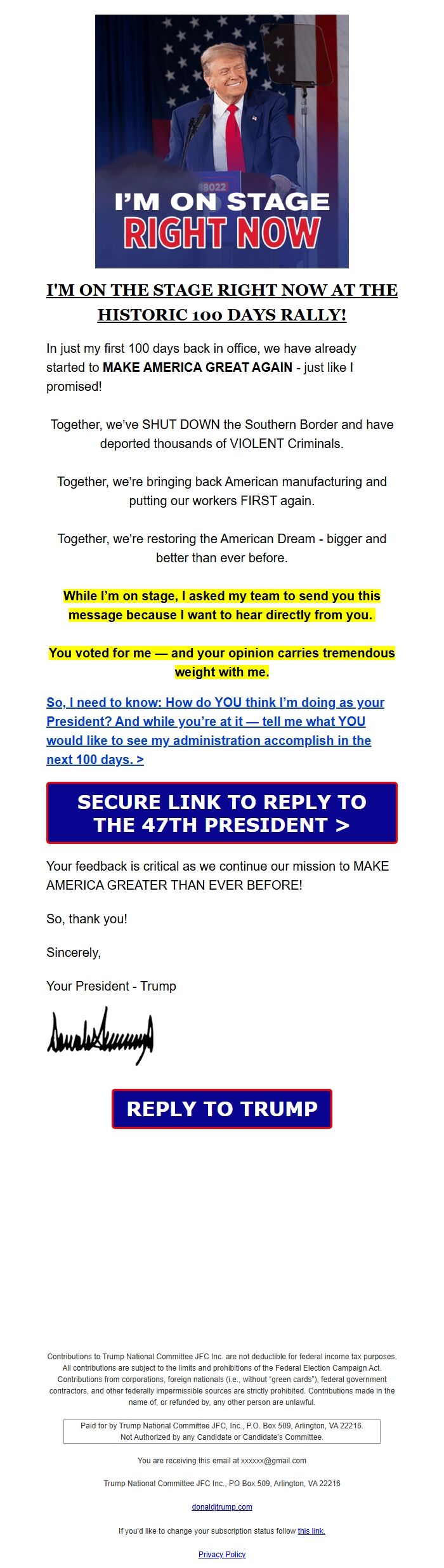 Screenshot of the email generated on import