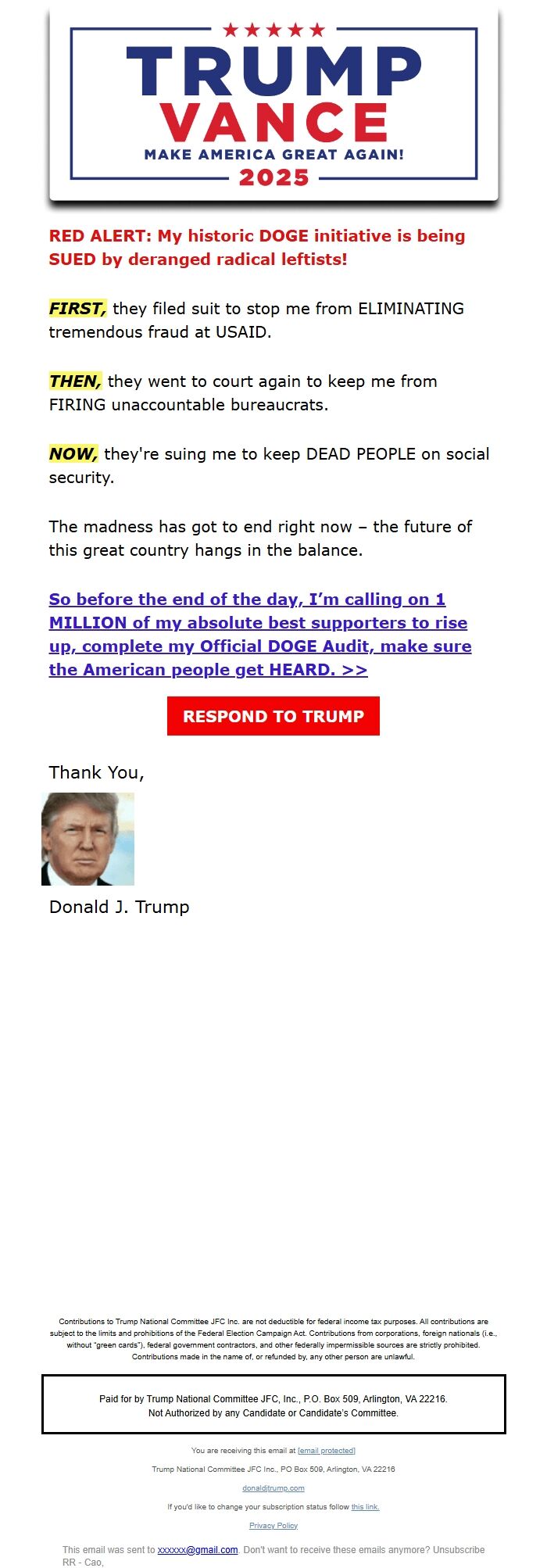 Screenshot of the email generated on import