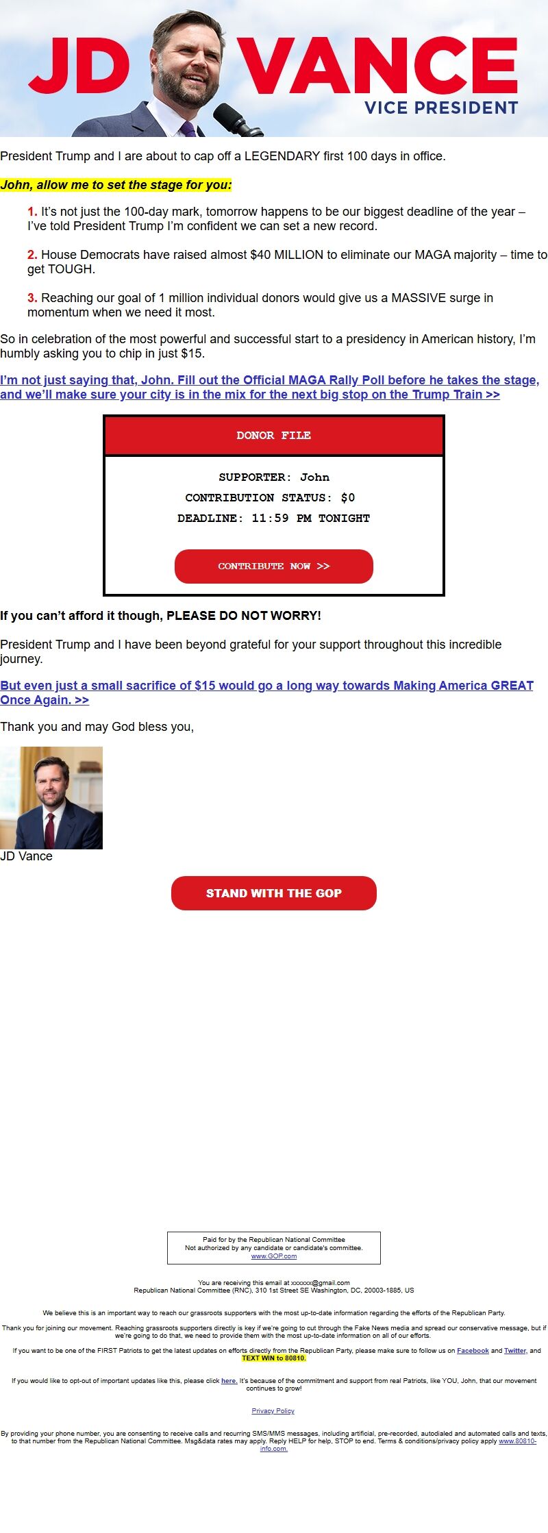 Screenshot of the email generated on import