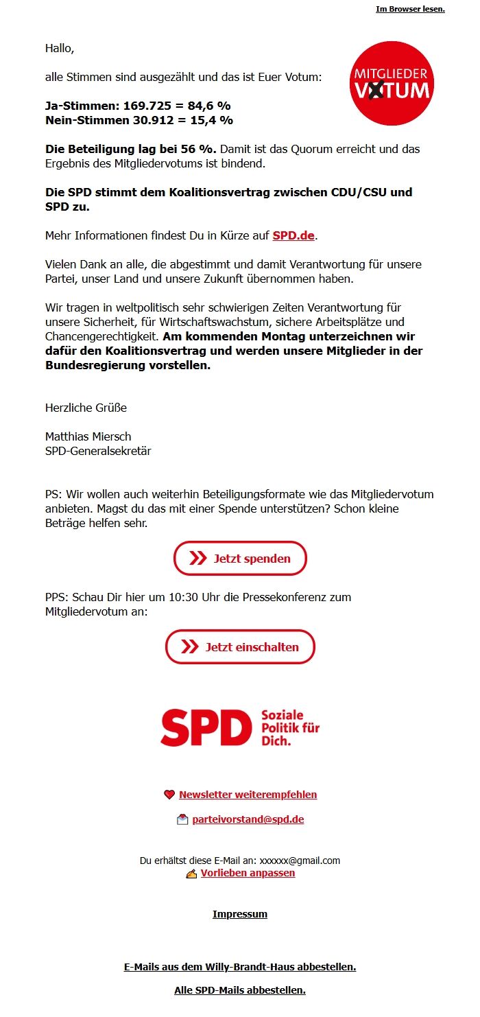 Screenshot of the email generated on import