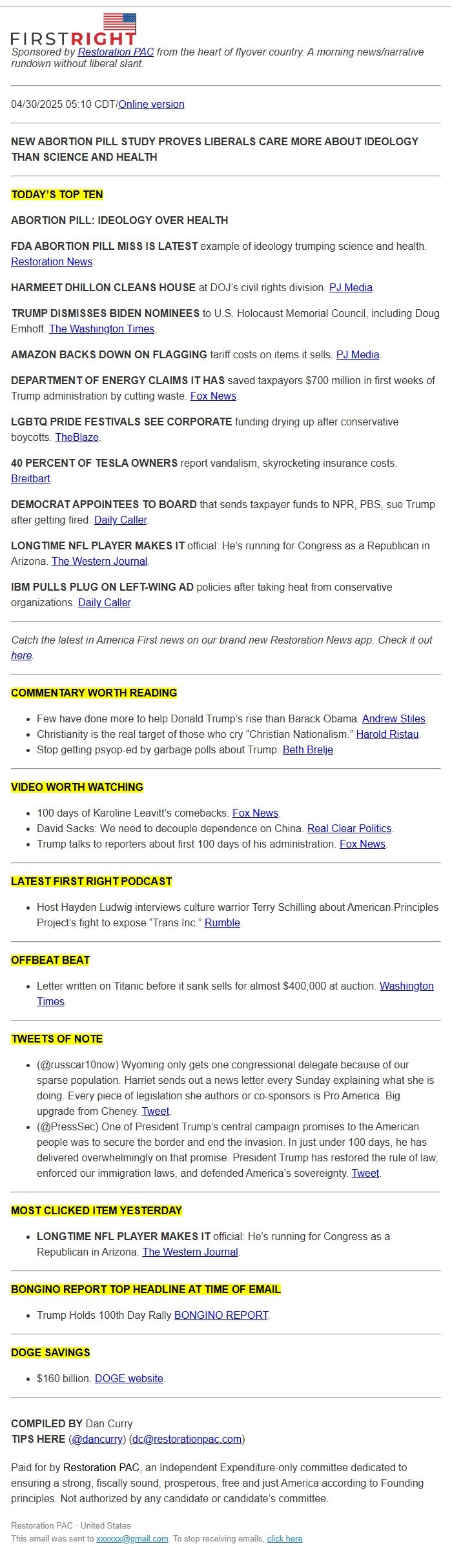 Screenshot of the email generated on import