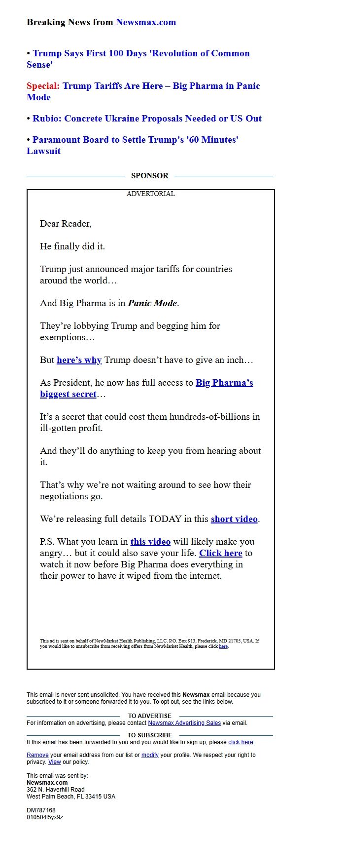 Screenshot of the email generated on import