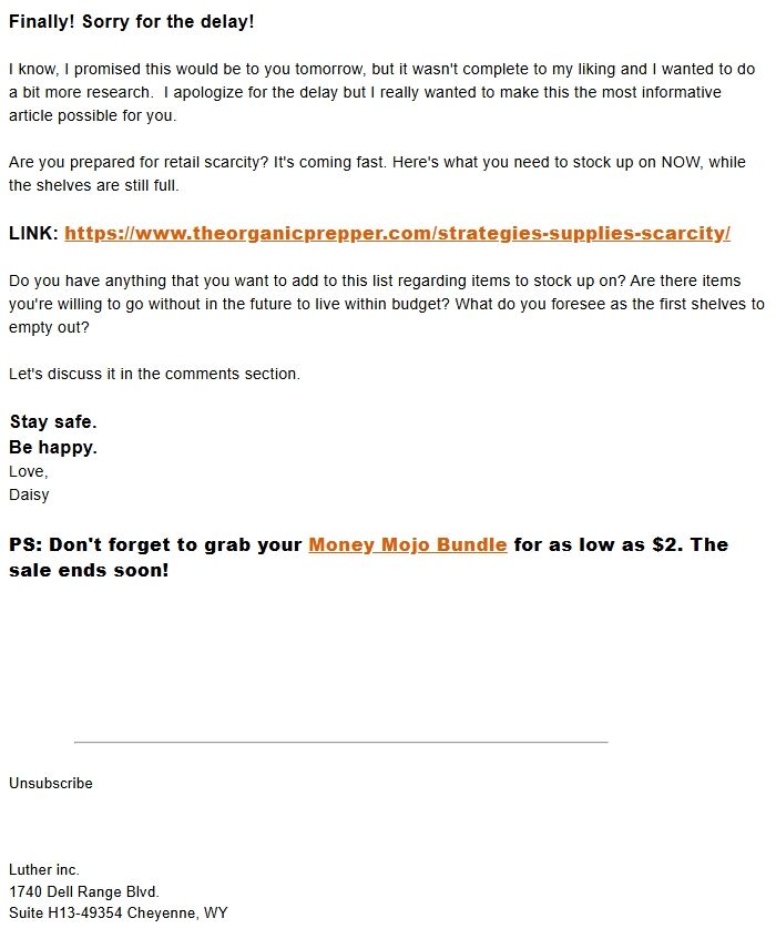 Screenshot of the email generated on import