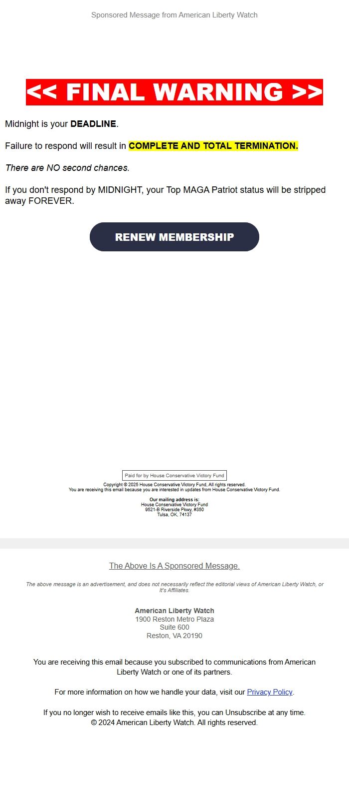 Screenshot of the email generated on import