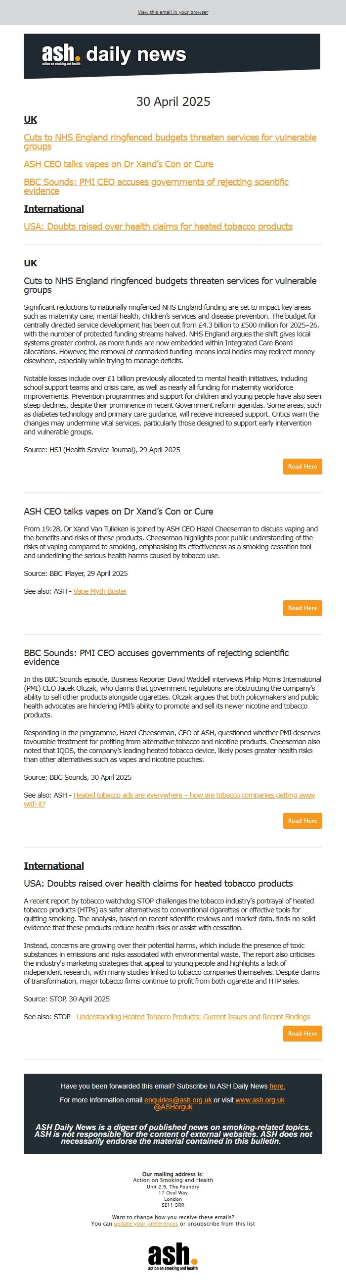 Screenshot of the email generated on import