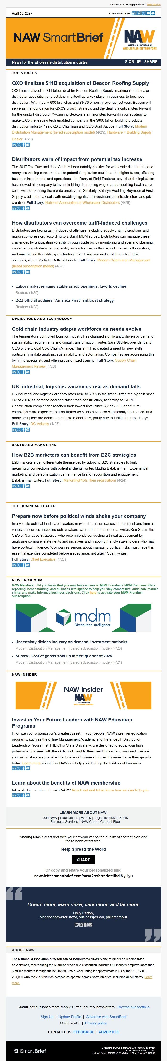 Screenshot of the email generated on import