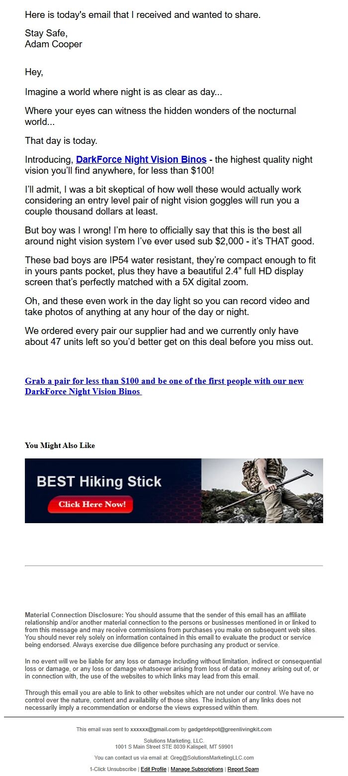 Screenshot of the email generated on import