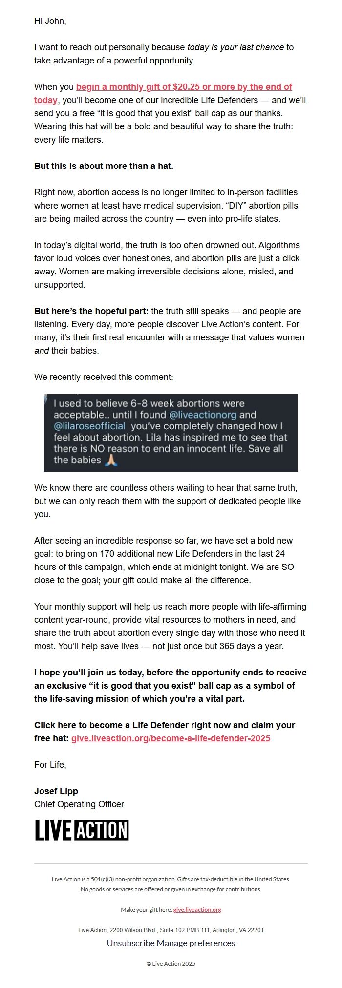 Screenshot of the email generated on import