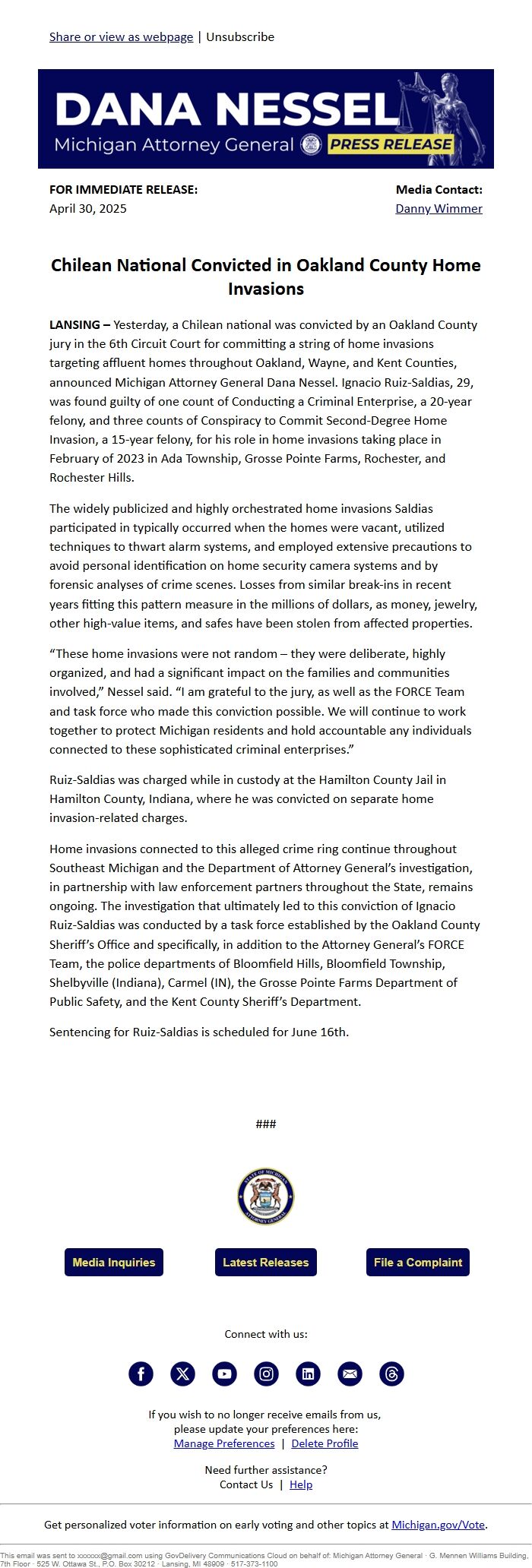 Screenshot of the email generated on import