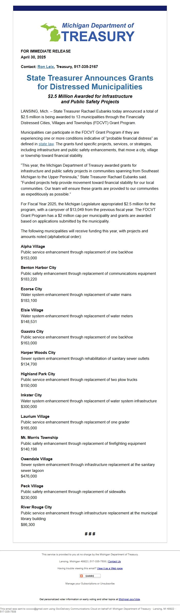 Screenshot of the email generated on import