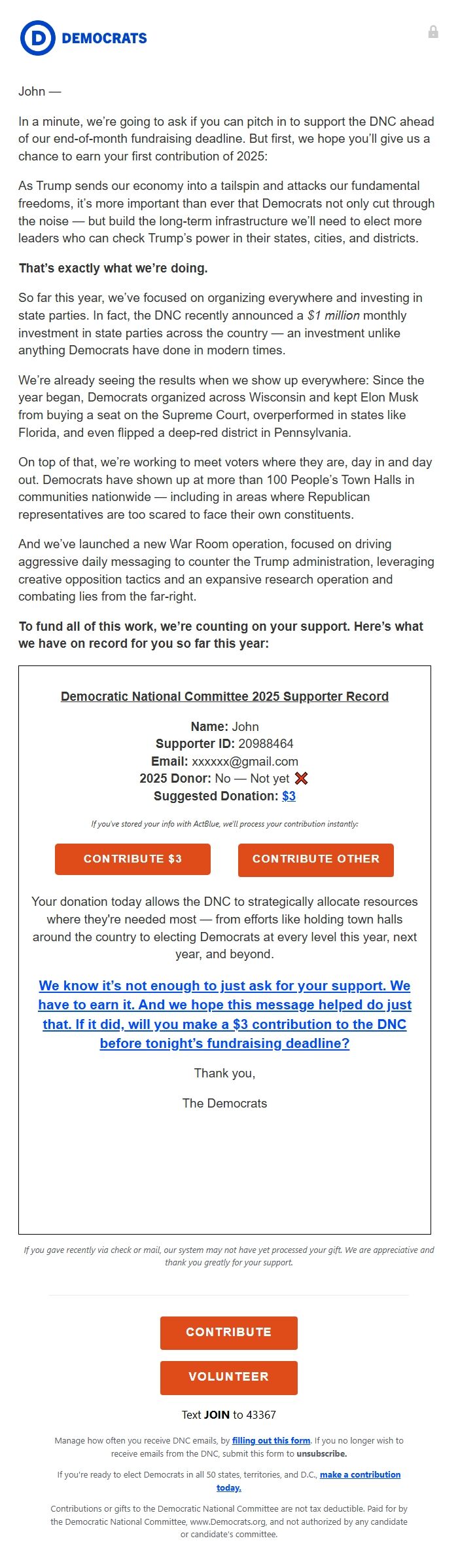 Screenshot of the email generated on import
