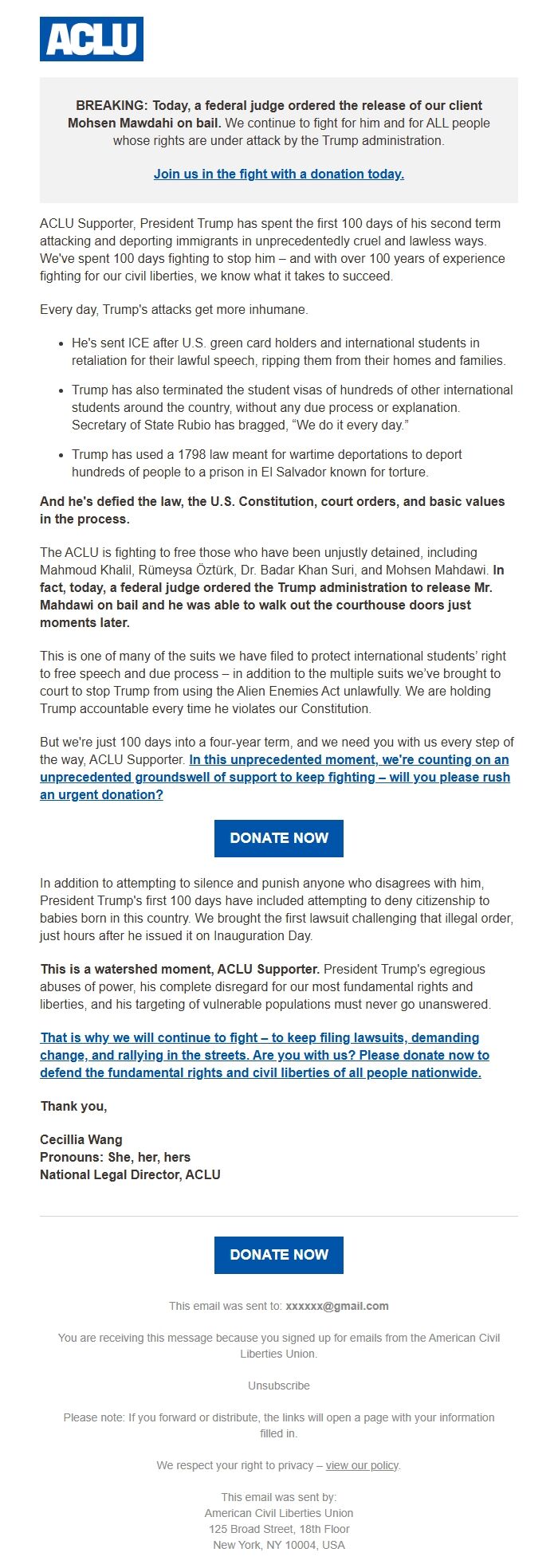 Screenshot of the email generated on import
