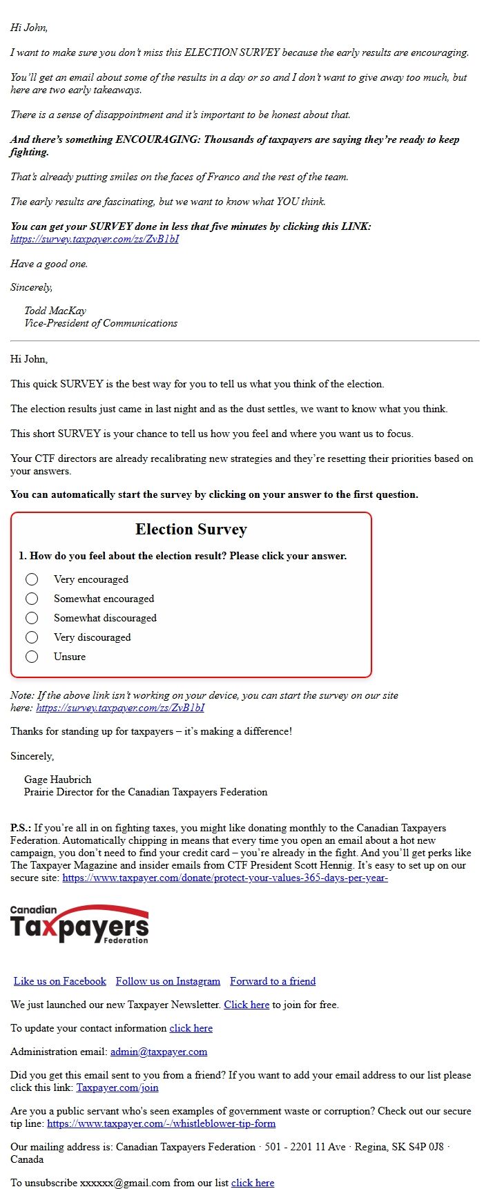 Screenshot of the email generated on import