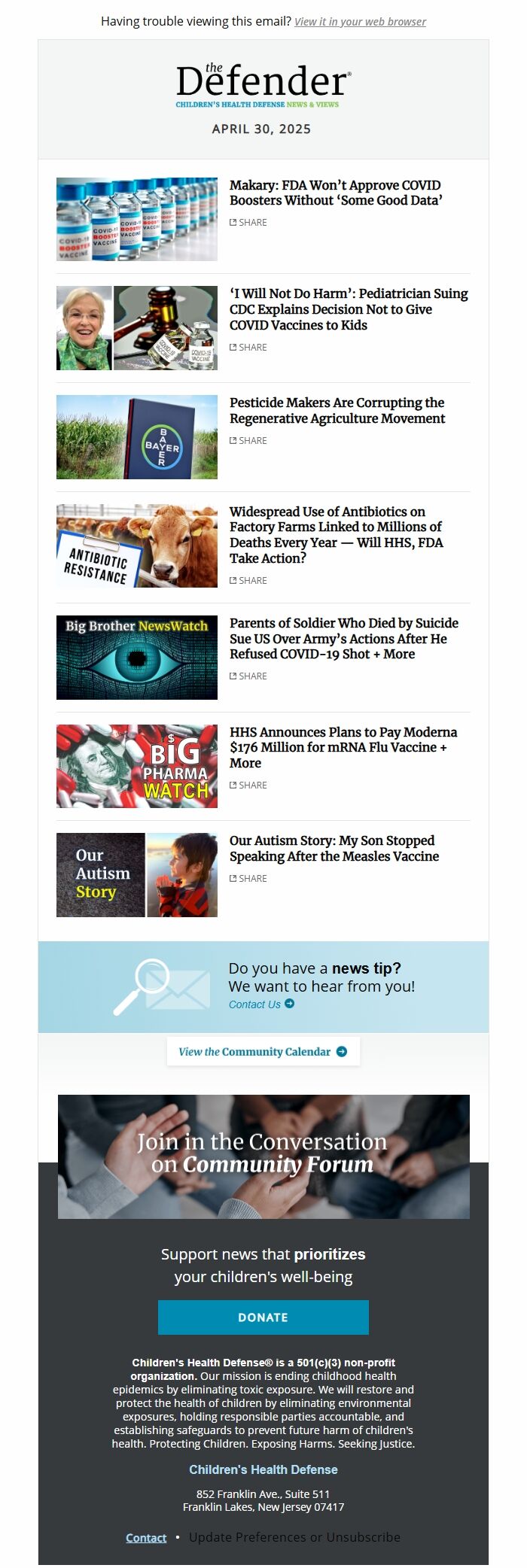 Screenshot of the email generated on import