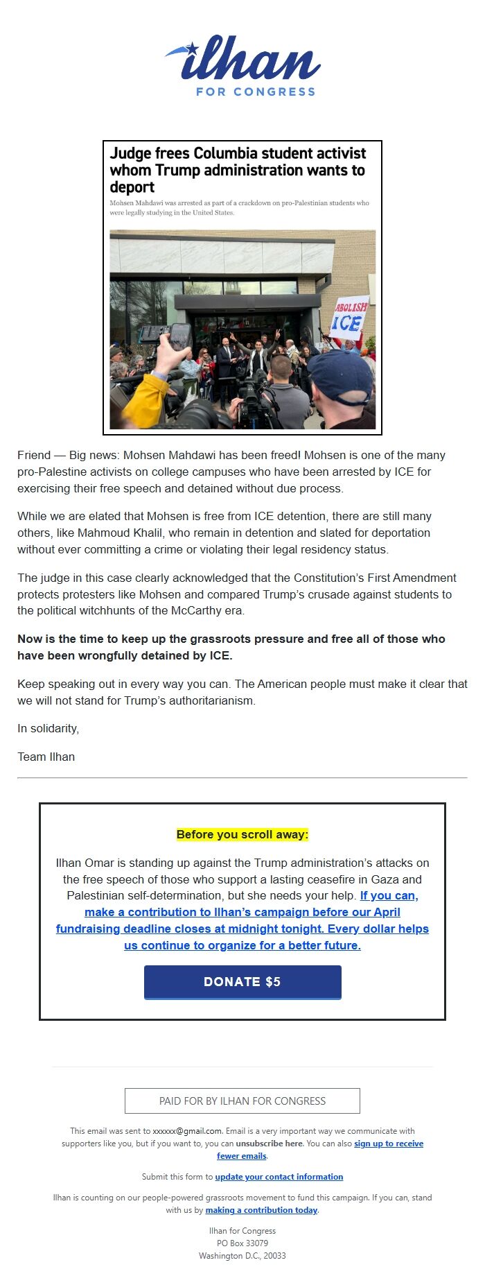 Screenshot of the email generated on import