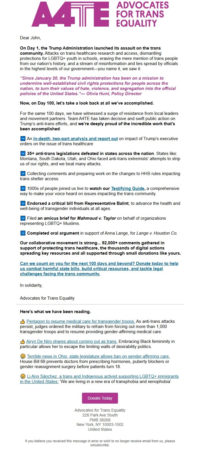 Screenshot of the email generated on import