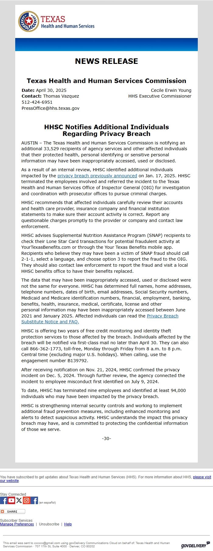 Screenshot of the email generated on import