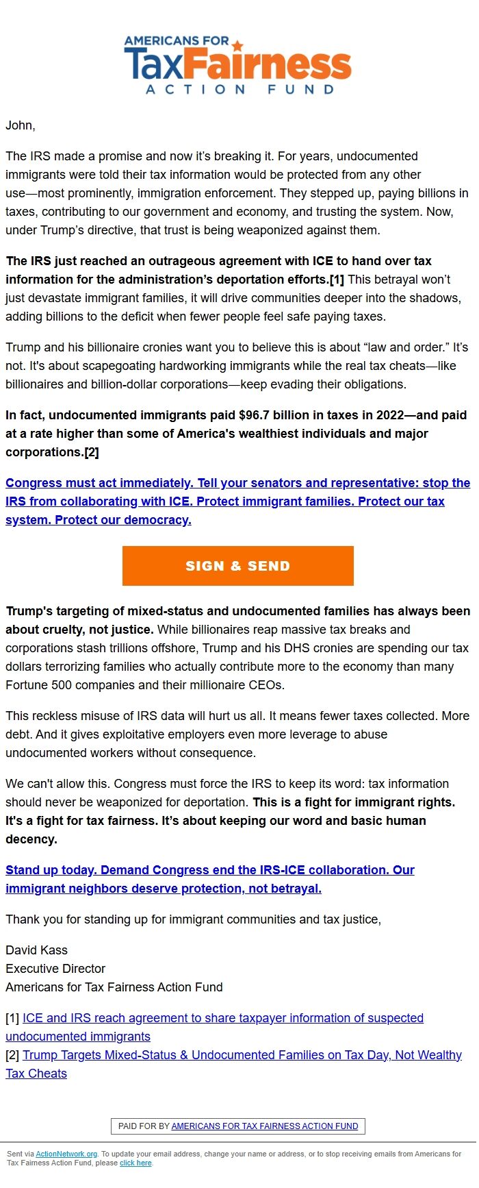 Screenshot of the email generated on import
