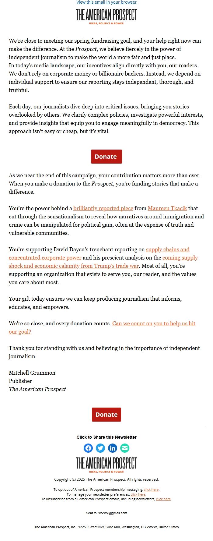Screenshot of the email generated on import